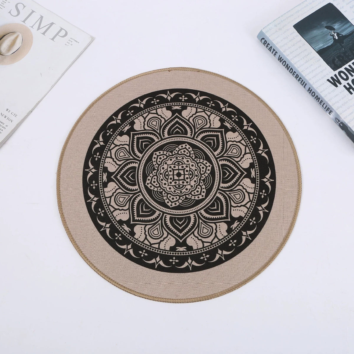 tapis table rond mandala boho chic bleu marine beige tissé imperméable résistant chaleur