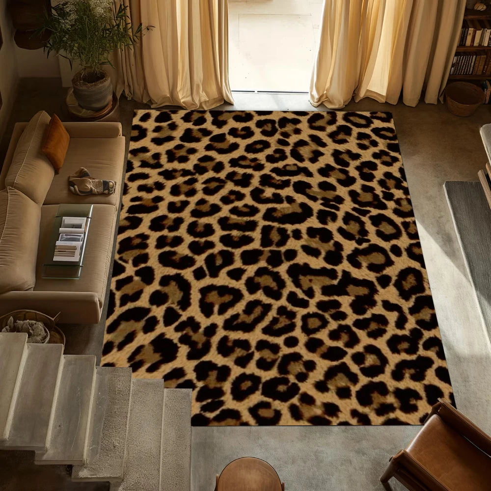 tapis moderne léopard polyester polypropylène beige noir marron salon chambre extérieur
