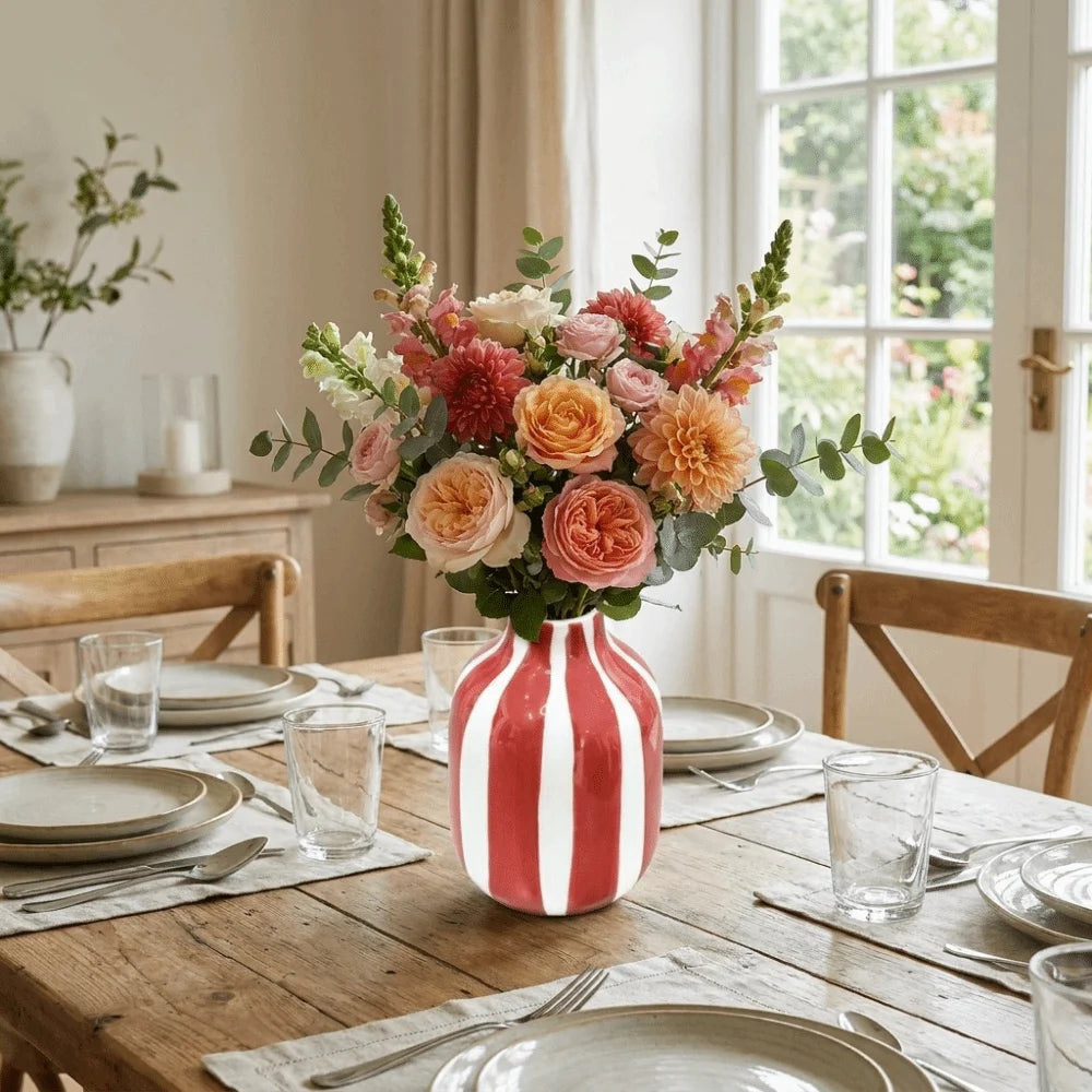 vase porcelaine rose blanc rayures horizontales moderne décoration intérieure arrangement floral maison