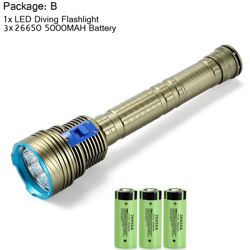 torche plongée rechargeable led dorée bleue rayures horizontales moderne robuste interrupteur bleu 200 500mètres
