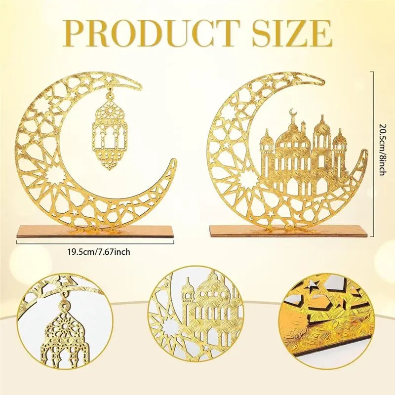 décoration islamique moderne lampe croissant doré ornements géométriques artisanat ramadan aïd al fitr
