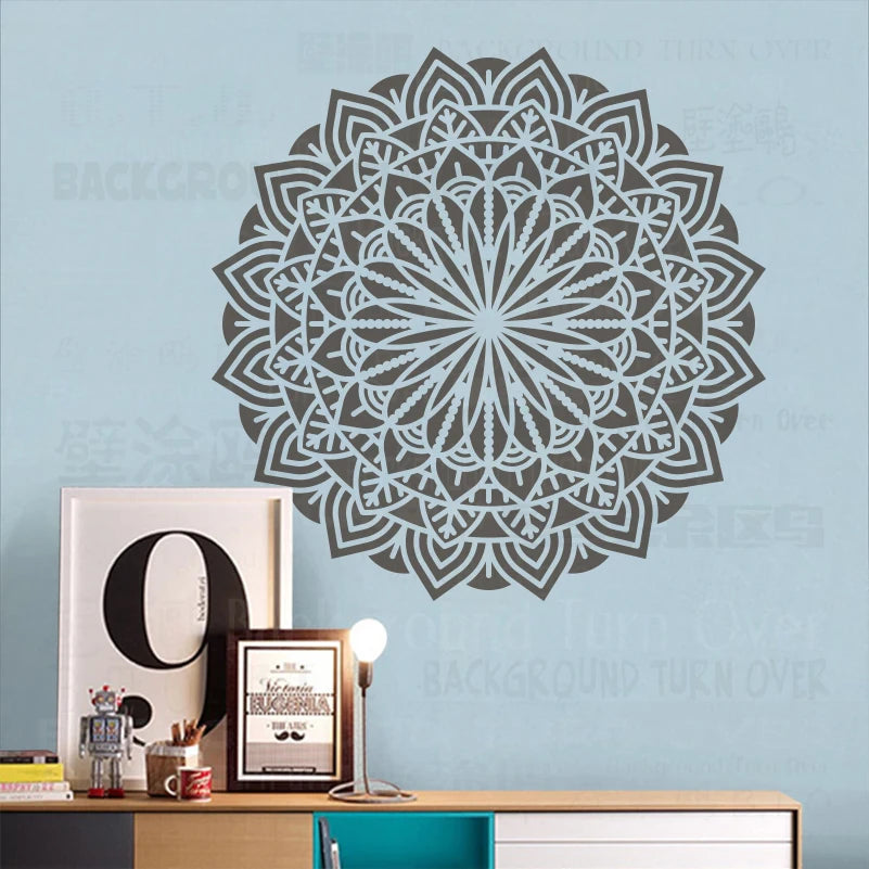Stencil mural mandala symétrique gris artisanal adhésif taille 35x70cm 30x60cm 50x50cm 40x80cm 45x90cm