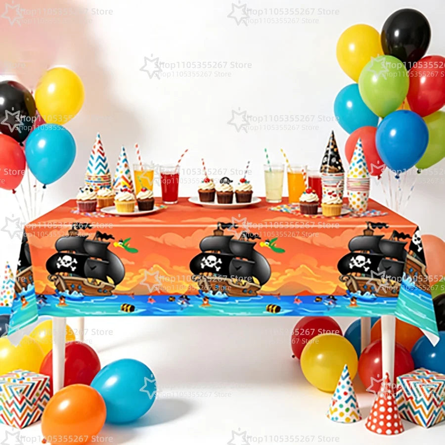 nappe pirate bateau crânes perroquet motif marin fête enfant bleu rouge vert orange