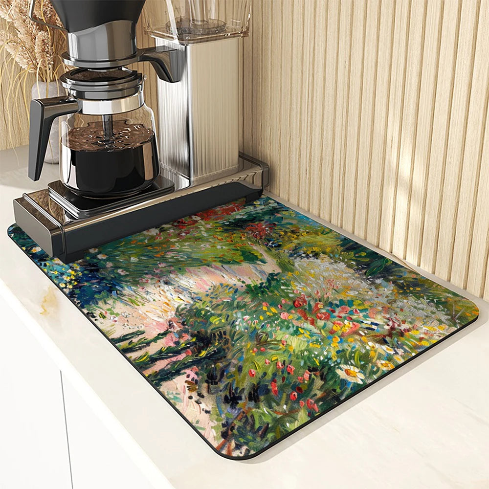 tapis cuisine absorbant rapide drain plat moderne noir fleurs polyester