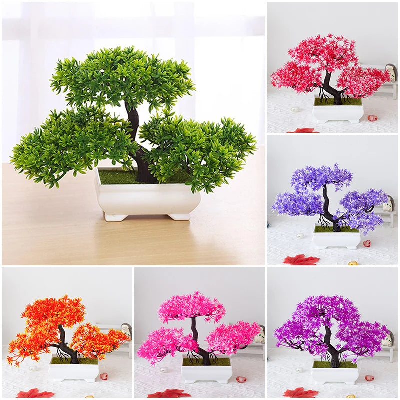 plante bonsaï artificielle plastique pot blanc décor intérieur table fleurs colorées