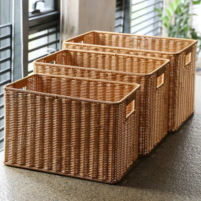 Grand panier de rangement en rotin noir tissé main