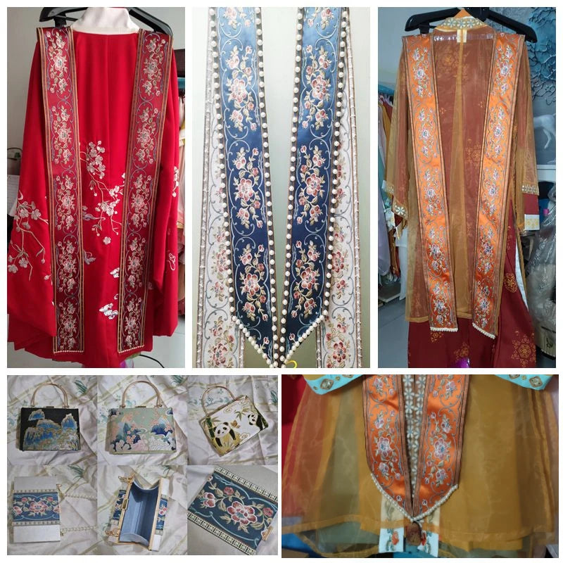 rubans décoratifs brodés fleurs feuilles oiseaux polyester large rouge bleu orange jaune marron gris