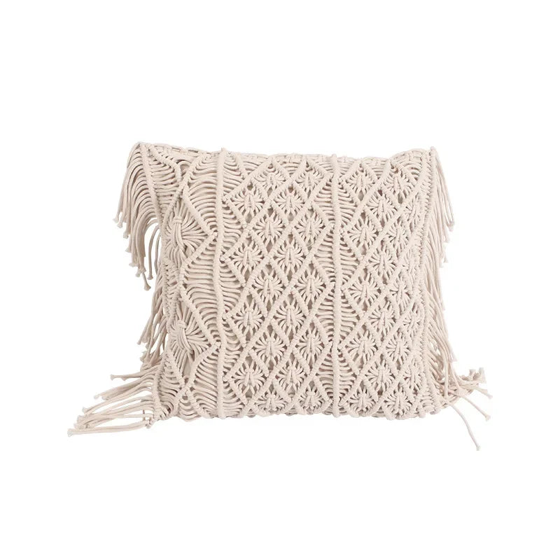 coussin tissé main bohème motif géométrique beige carré coton décoratif lit simple opacité sans