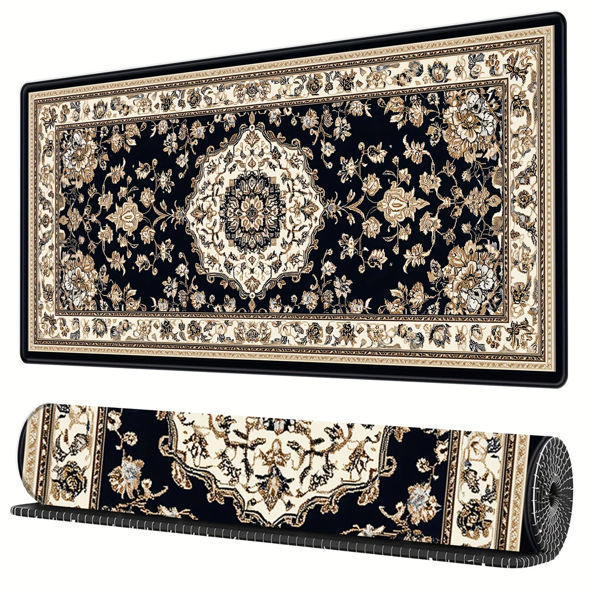 tapis noir floral géométrique classique grande taille haute qualité caoutchouc durable usage quotidien