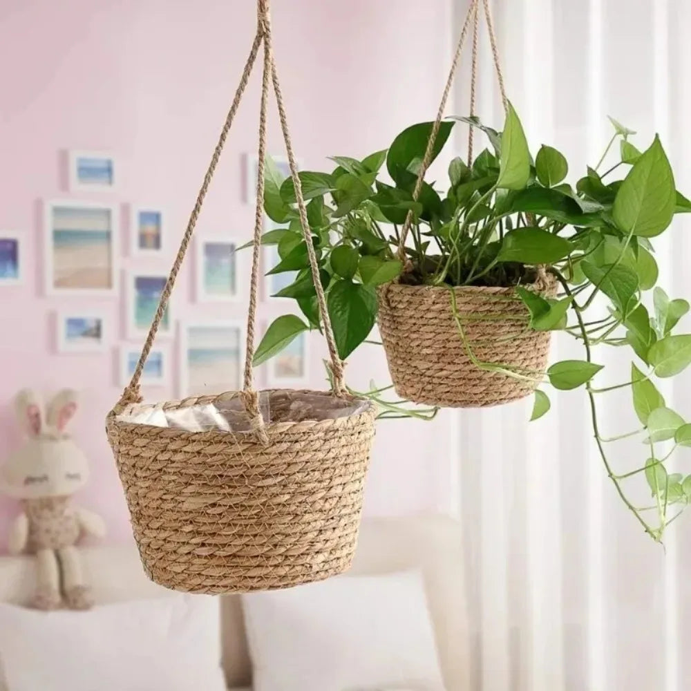 panier suspendu marron clair tissé fibres naturelles rustique plante intérieur extérieur cordelette décoration fleurs