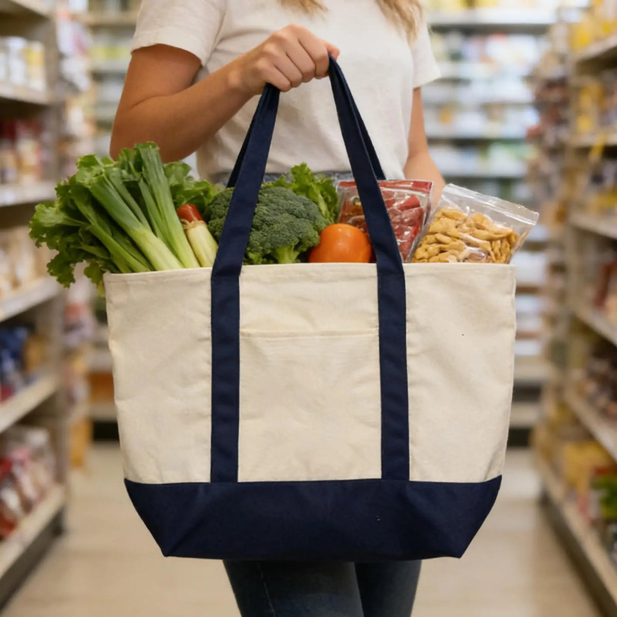 sac main réutilisable toile beige bleu marine simple bandoulière fixations tissées opaques