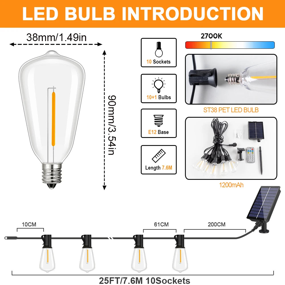 guirlande lumineuse solaire 25 ampoules blanc noir vintage moderne 15m ip66