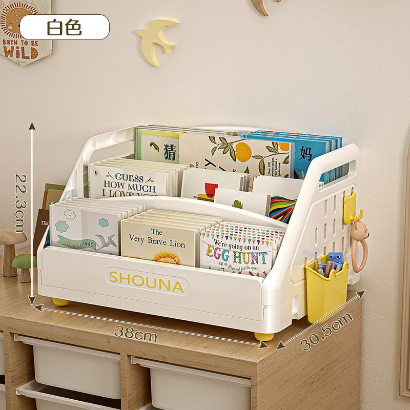 support livres blanc jaune moderne poignées compartiments livres support jouets transparent assemblage chambre enfant