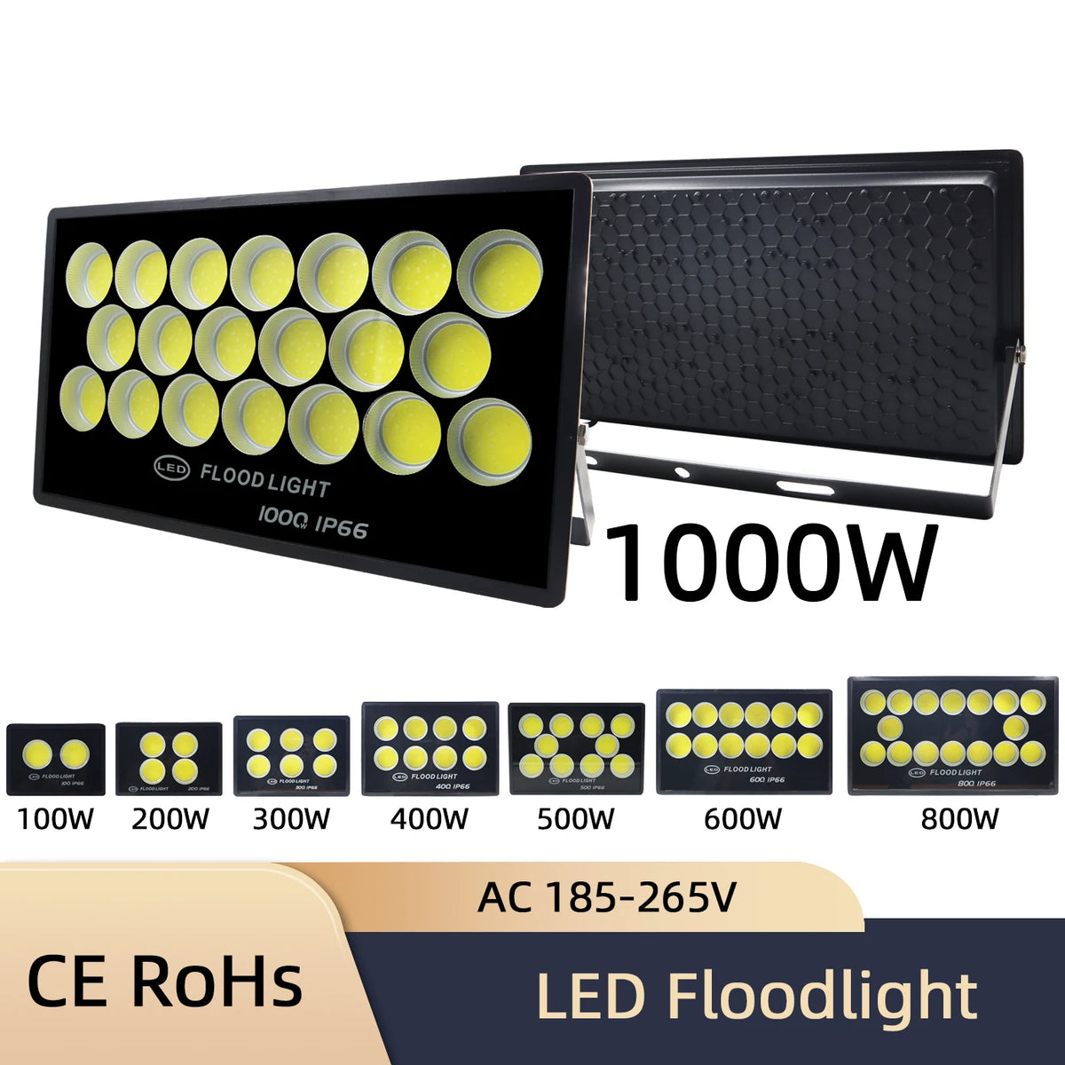 projecteur led ip66 étanche moderne grille hexagonale noir 100w 200w 300w 400w 500w 600w