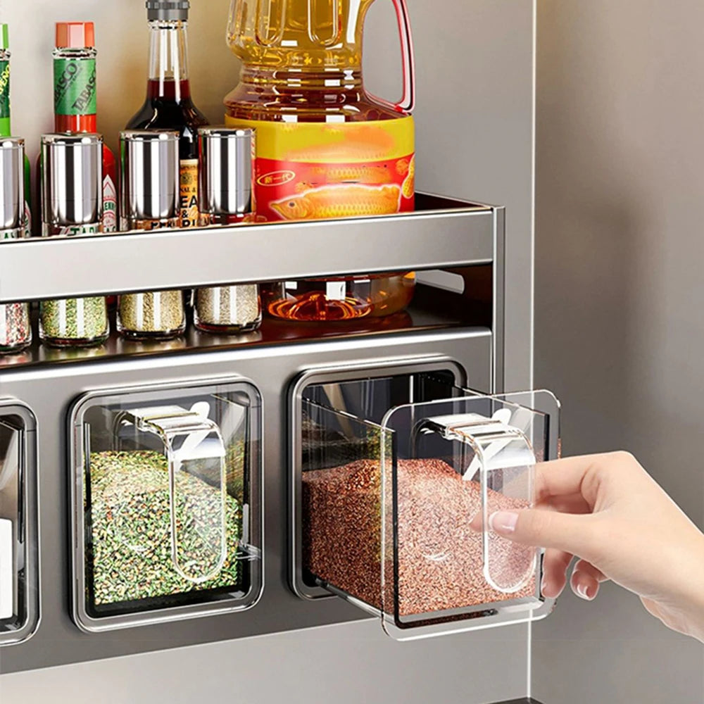 rangement condiments gris transparent moderne acier brillant fixations murales conteneurs couvercles multifonctionnels