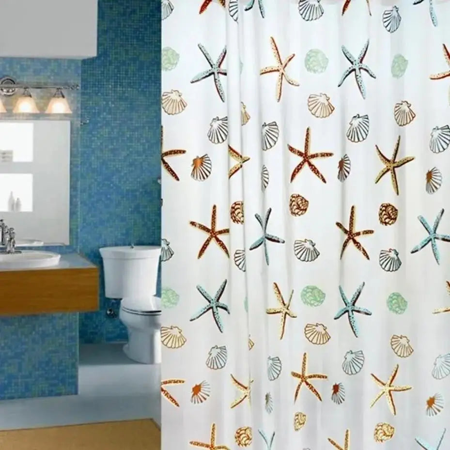 rideau douche semi transparent motif marine moderne étoiles coquillages blanc bleu orange vert marron