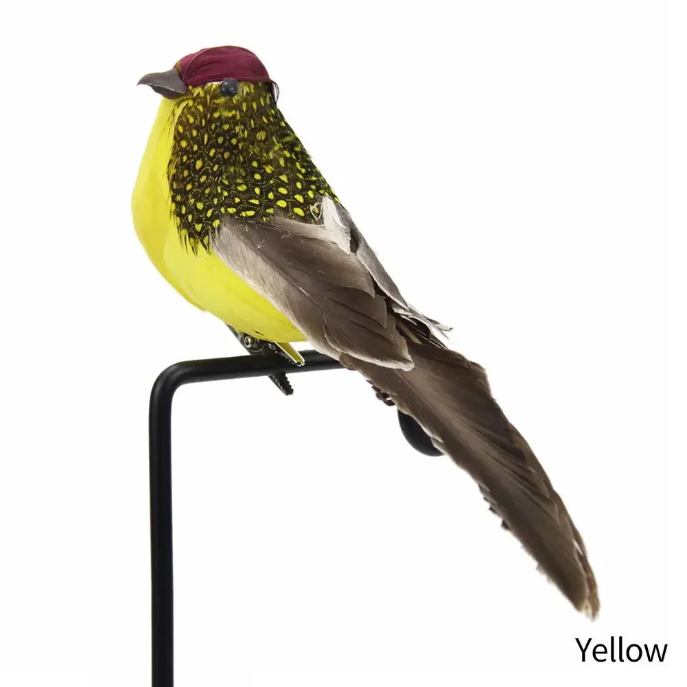 ornements décoration oiseaux artificiels plumage brillant points dorés gris orange vert jaune marron bleu