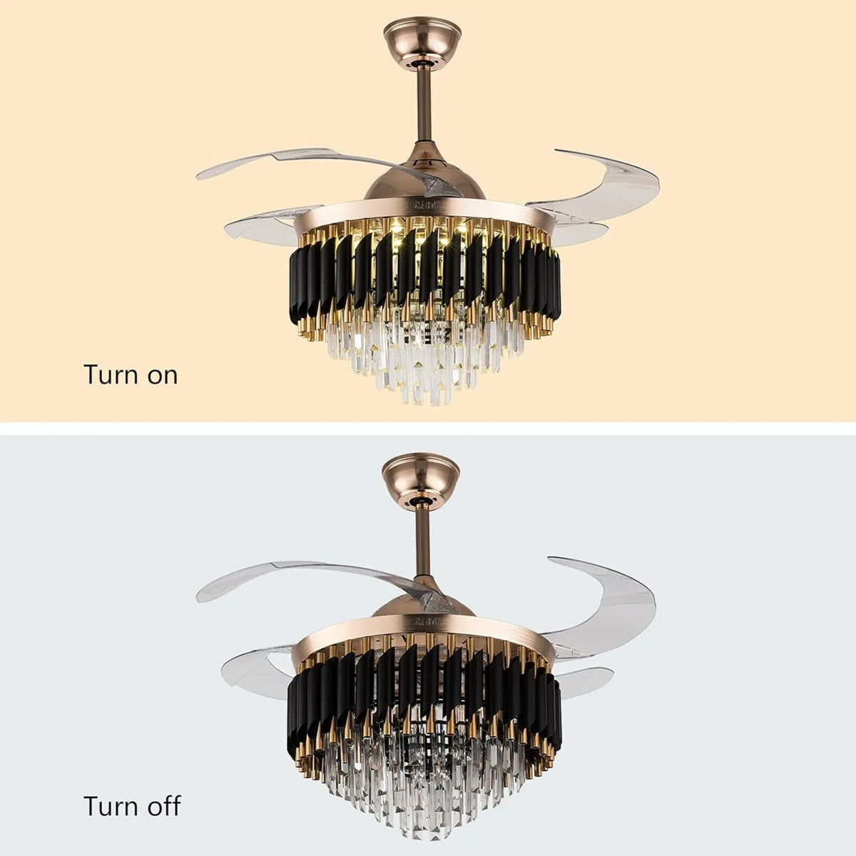 ventilateur cristal lumineux led pales rétractables noir doré moderne télécommande
