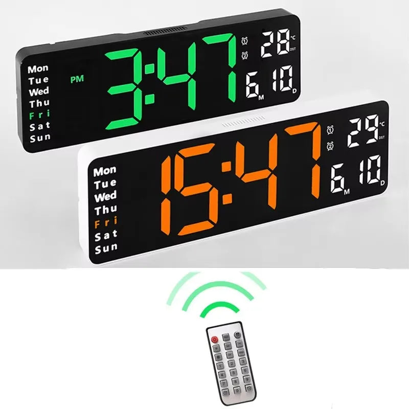 horloge murale numérique moderne noir orange vert télécommande affichage led minimaliste