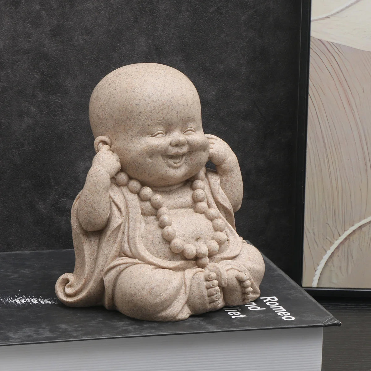 statuettes bouddha enfant résine beige clair marron motifs dorés zen