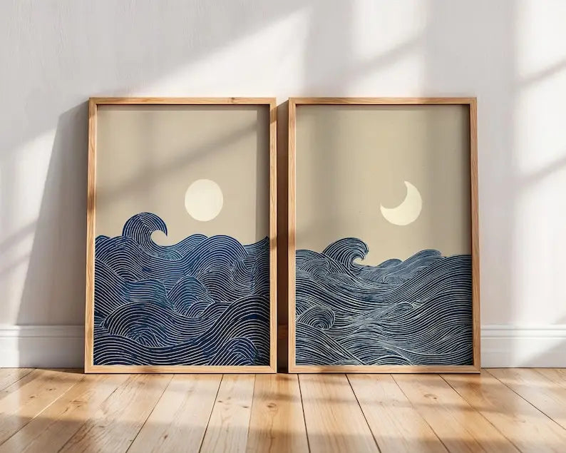 affiches modernes minimalistes abstraites lune ondes stylisées beige bleu marine blanc sans cadre