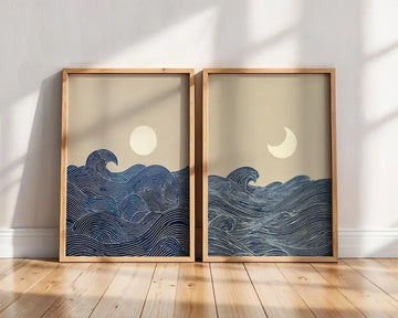 affiches modernes minimalistes abstraites lune ondes stylisées beige bleu marine blanc sans cadre