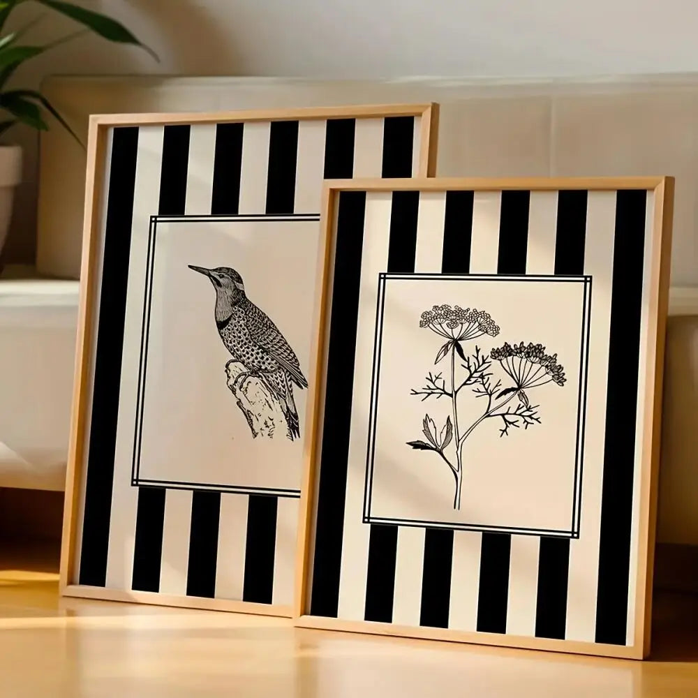 affiche abstraite oiseau plante rayures noires minimaliste classique salon décoration mur toile sans cadre