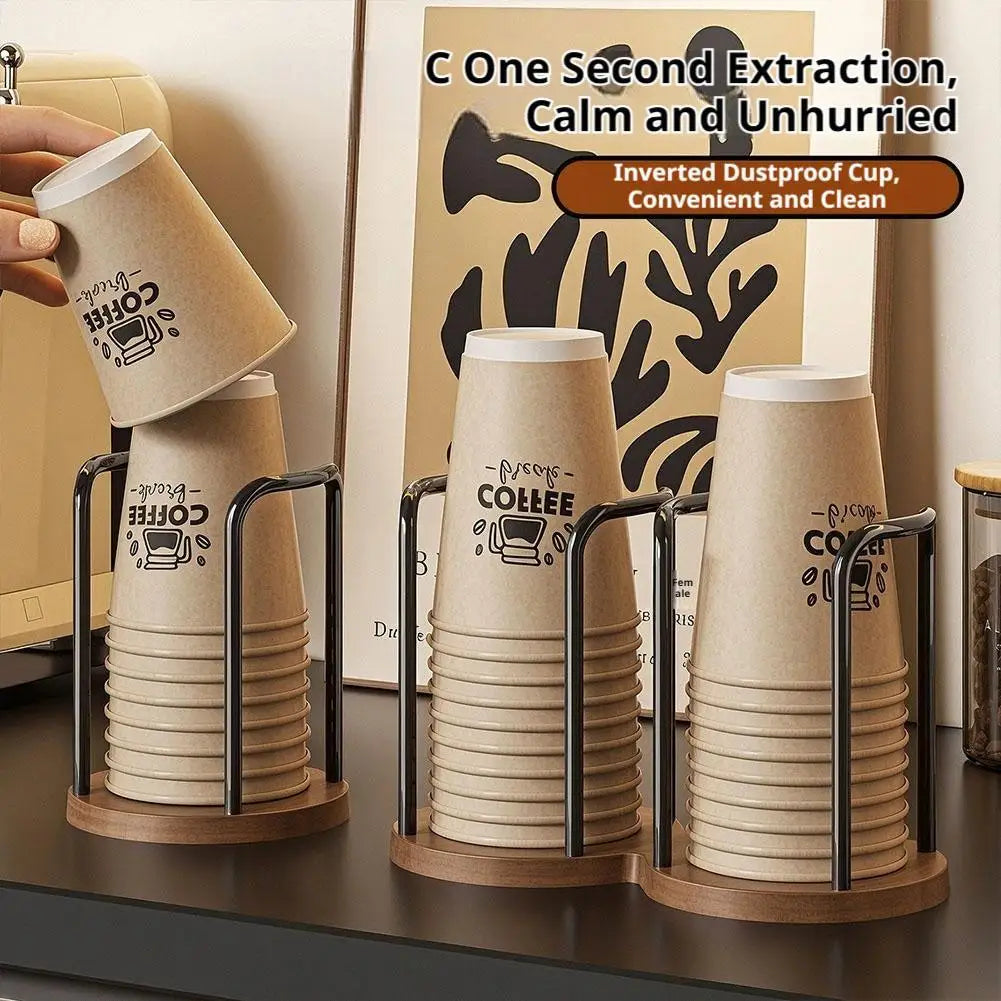 support tasses jetables marron clair noir imprimé coffee logo texture bois moderne poignées métalliques