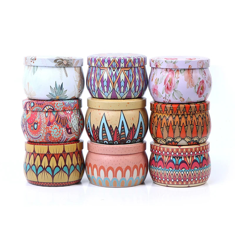 boîtes rondes métal multicolores motifs floraux géométriques boho chic décoration maison
