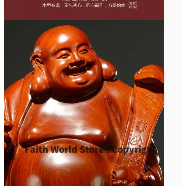 statue bois bouddha riant feng shui traditionnel asiatique base sculptée pièces monnaie bannière
