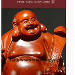 statue bois bouddha riant feng shui traditionnel asiatique base sculptée pièces monnaie bannière