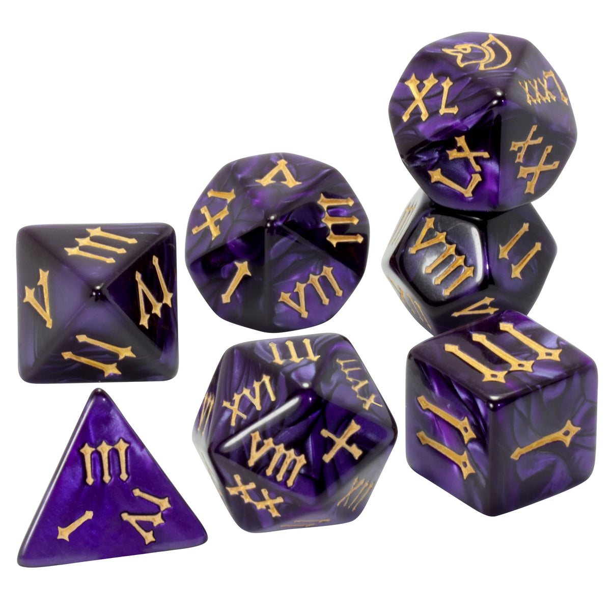 dés multiface couleurs violet vert blanc gris rouge semi opaques runes anciennes icosaèdre dodécaèdre