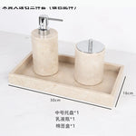ensemble salle bain moderne marbre beige flacon savon désinfectant boîte cotons tiges rangement accessoires
