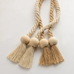 rideau polonais moderne ruban fenêtre tissé corde pompons bois beige clair 70cm