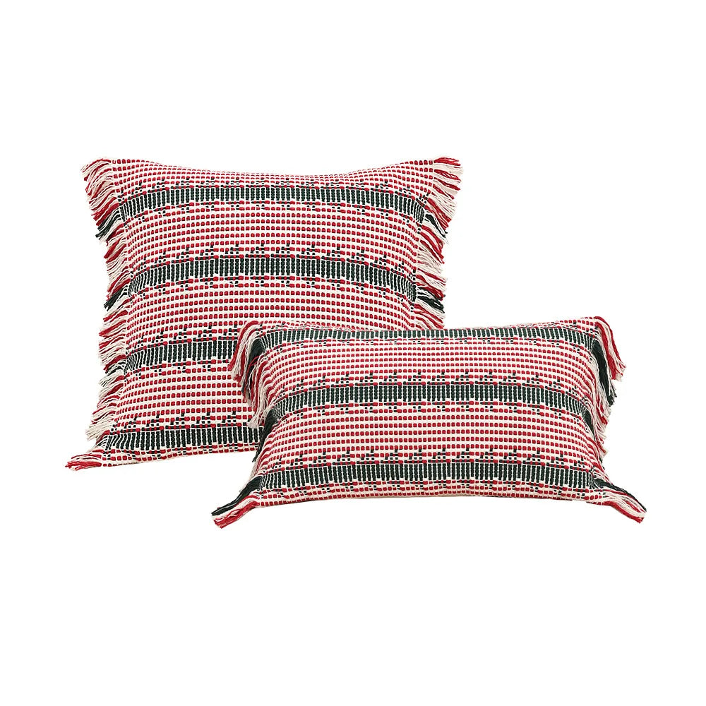 housses coussins carrées jacquard géométriques coton linge adhésives boho chic rouges blanches vertes maison