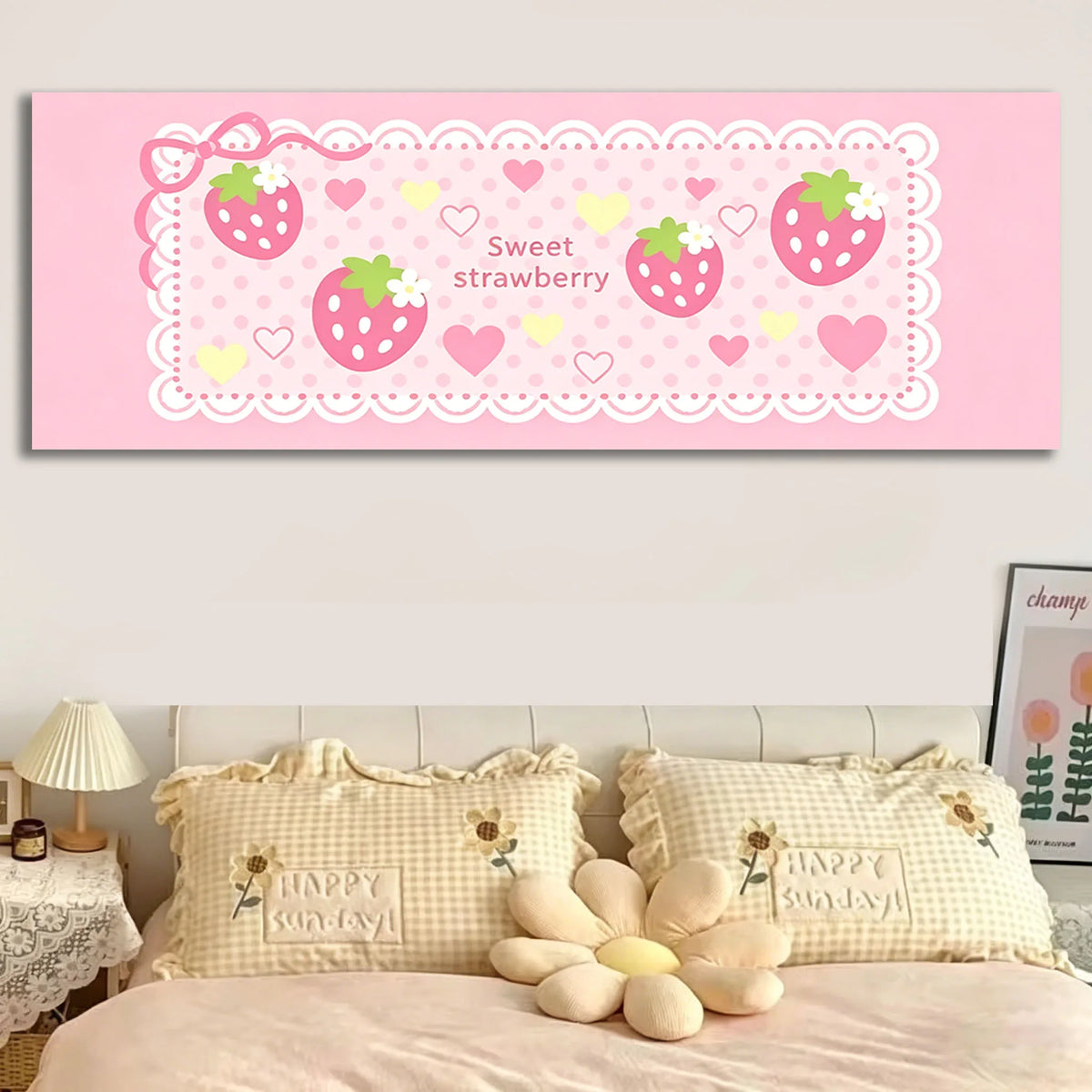 tapisserie murale kawaii fraises coeurs pois rose jaune verte blanche decoration chambre enfantin tapestry