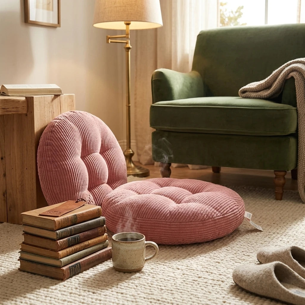 coussin chaise rond velours côtelé rose doux assise sol tabouret
