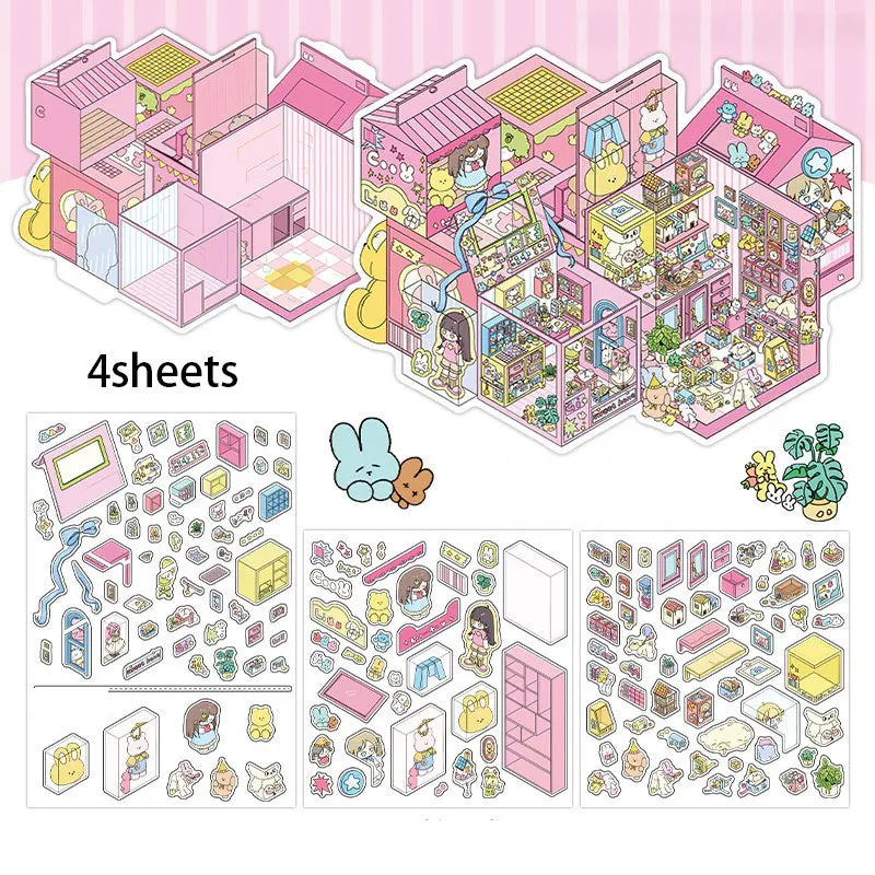 puzzle 3d illustratif scènes urbaines personnages divers adhésif rose jaune vert bleu blanc