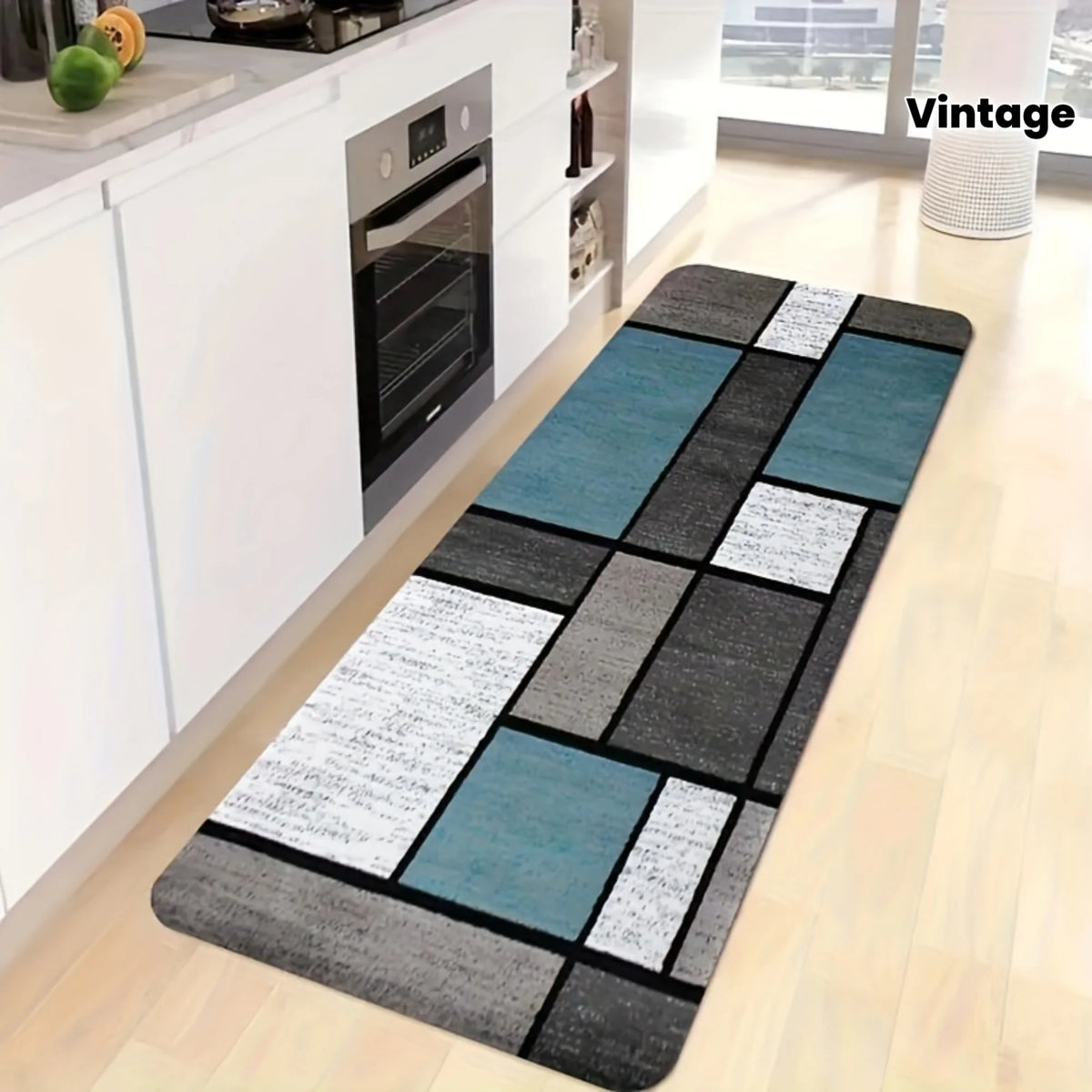 tapis vintage carreaux géométriques gris bleu polyester moderne salon chambreextérieur