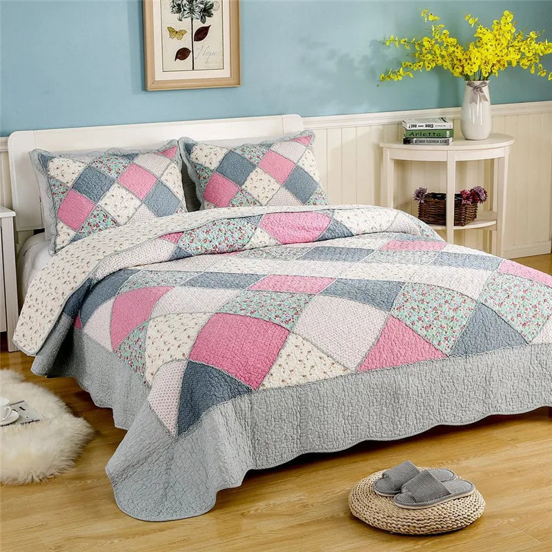 couvre lit patchwork coton floral vert beige rose matelassé maison hiverversible machine laver