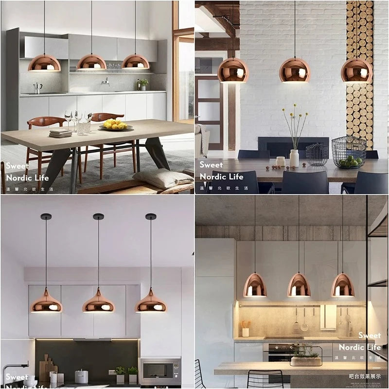 suspension lumineuse moderne rose doré brillante métallique câble noir éclairage scandinave e27