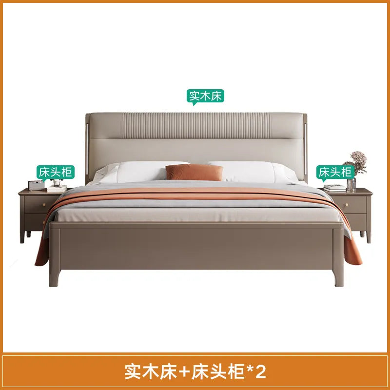 lit moderne bois beige gris orange tissu plissé oreiller couverture draps tapis