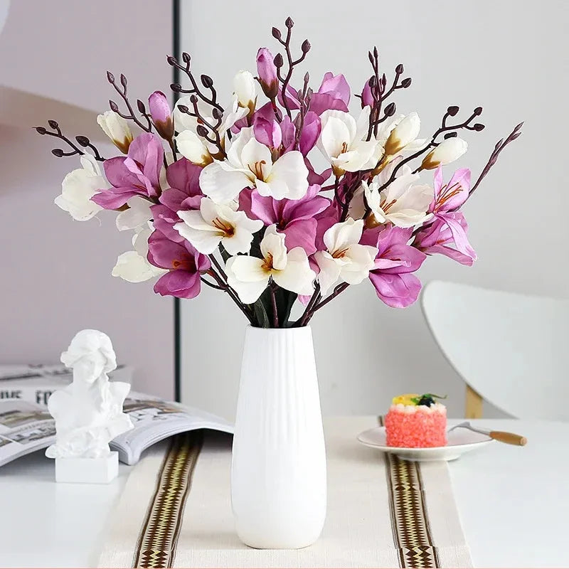 bouquet fleurs artificielles magnolia violet blanc bleu rouge decoration intérieur mariage anniversaire minimaliste