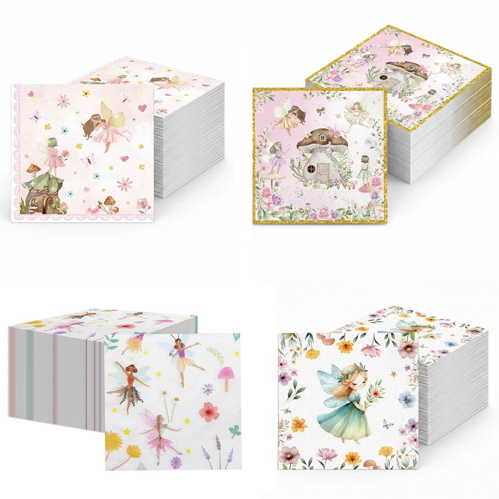 serviettes papier fées forêt enchantée anniversaire mariage baptême noël enfantin illustration fleurs coeurs