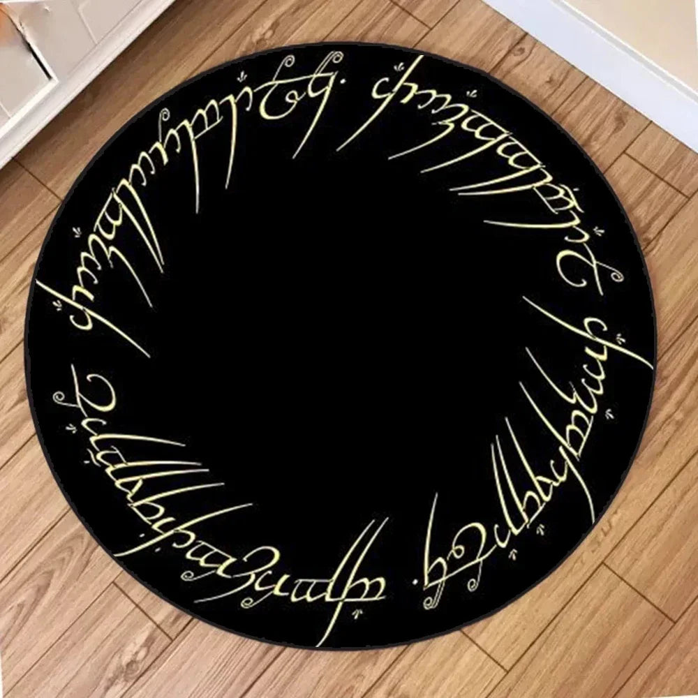 tapis rond moderne lettres stylisées arbre floral noir bleu vert marron clair 40x40cm 80x80cm