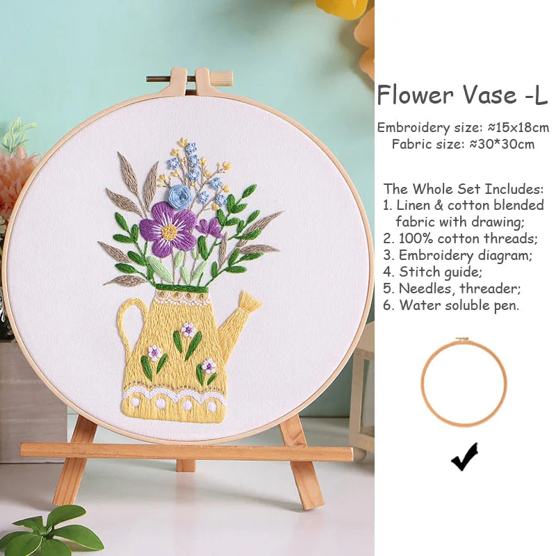 kit broderie fleurs vases multicolore traditionnel anneaux bois guide couture aiguilles fil coton