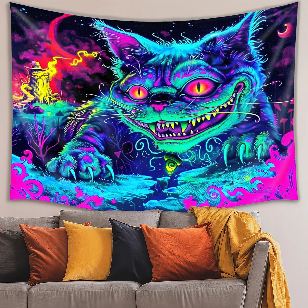 tapisserie moderne chat fantastique oeil lumineux abstraite chambre bleu vert rose chambre