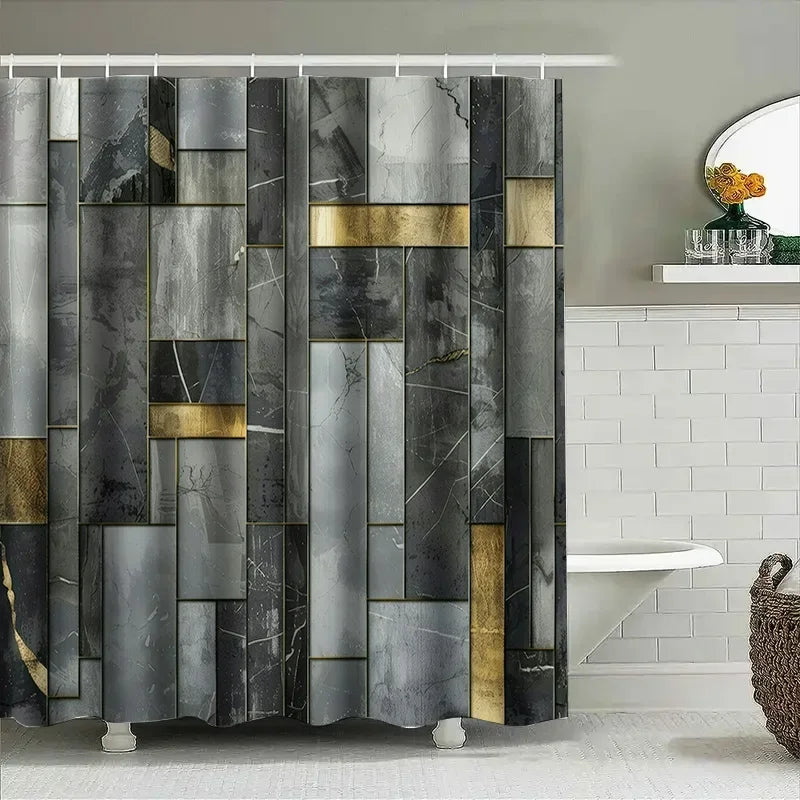 rideau douche moderne gris marbre élégant anneaux suspension 180cm 180cm doré