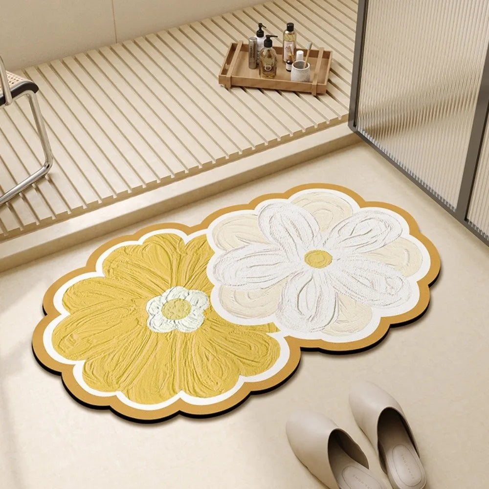 tapis décoration florale moderne jaune blanc bleu violet gris vert marron texturé relief