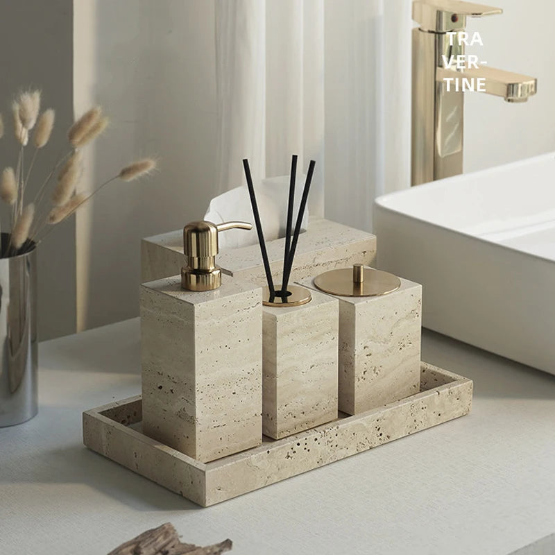ensemble accessoires salle bain travertin beige distributeur savon pot coton support savon diffuseur